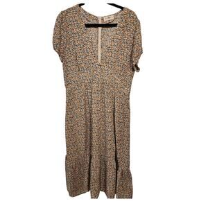 Natural Life Tan Blue Yellow Floral Midi Length Dress Ruffle Large